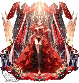 1girl ankle_strap architecture banner bare_shoulders between_breasts black_thighhighs breasts breasts_apart candle candlestand carpet checkered_floor chess_piece collar commission cross cross_earrings cross_pendant crossed_legs crown curtained_hair detached_sleeves earrings falling_petals flower forehead_jewel frilled_skirt frilled_sleeves frills full_body garter_straps gem gothic_architecture grin halter_leotard halterneck hand_up high_heels highres holding holding_scepter jewelry leotard lipstick long_skirt looking_at_viewer makeup medium_breasts muntins nail_polish original oriti4 parted_bangs pearl_(gemstone) petals pillar pumps purple_eyes red_collar red_flower red_gemstone red_hair red_leotard red_lips red_nails red_rose red_shawl red_shoes red_skirt red_sleeves red_veil rose scepter see-through_clothes see-through_sleeves shawl shoes short_hair showgirl_skirt skeb_commission skirt smile spotlight stairs standing thighhighs veil watson_cross wavy_hair white_background window