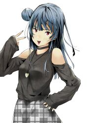 Rule 34 | 1girl, absurdres, black choker, black nails, black shirt, blue hair, blunt bangs, blush, breasts, choker, clothing cutout, commentary request, grey skirt, hair bun, hand on own hip, heart, heart necklace, highres, inward v, jewelry, long hair, long sleeves, looking at viewer, love live!, love live! sunshine!!, medium breasts, necklace, open mouth, plaid, plaid skirt, red eyes, shirt, shoulder cutout, single side bun, skirt, sleeves past wrists, solo, standing, tommer, tsushima yoshiko, upper body, v-shaped eyebrows, white background