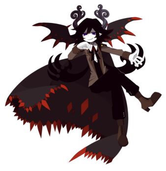 Rule 34 | 1boy, black cape, black hair, black pants, boots, brown boots, brown jacket, cape, crossed legs, curled horns, demon boy, demon wings, floating, formal clothes, full body, funamusea, funamusea (artist), gloves, hand on own chin, horns, jacket, neck ribbon, official art, pants, pointy ears, purple eyes, ribbon, satanick (funamusea), sharp teeth, short hair, simple background, smile, solo, suit, teeth, vest, white background, white gloves, wings