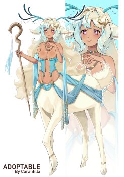 1girl adoptable animal_ears antlers bare_shoulders blue_nails blush bodice breasts carantilla centauroid cleavage closed_mouth collarbone commentary dark-skinned_female dark_skin deer_antlers deer_ears deer_girl deer_tail english_commentary full_body gold_choker gold_necklace groin hair_intakes hair_ornament hairclip highres holding holding_staff hooves horns jewelry long_hair medium_breasts midriff monster_girl multiple_legs navel necklace original pink_eyes revealing_clothes sidelocks smile staff standing standing_on_three_legs stomach tail taur very_long_hair white_hair zoom_layer