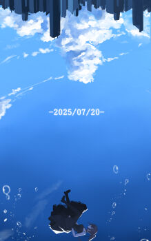 1girl absurdres air_bubble asphyxiation belt belt_collar black_belt black_dress black_shoes black_thighhighs blue_sky brown_eyes brown_hair bubble cigarette cityscape cloud collar cumulonimbus_cloud dated day dress drowning hair_ornament hairclip hand_in_pocket highres holding long_hair looking_ahead minakami_yuki mouth_hold nodoameyatou outdoors parallel_hairclips ponytail shoes sidelocks sky smoking solo subarashiki_hibi thighhighs upside-down water