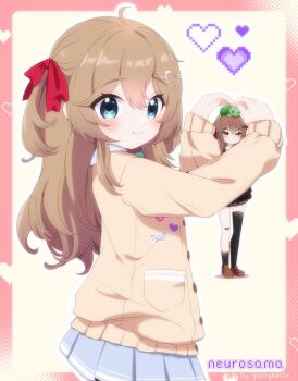 1boy 2girls artist_name asymmetrical_legwear badge bandaid bandaid_on_knee bandaid_on_leg black_cardigan black_skirt black_socks black_thighhighs blue_eyes blue_sailor_collar blue_skirt border broken_heart broken_heart_hair_ornament brown_hair brown_shoes button_badge cardigan character_name closed_mouth commentary dress_shirt evil_neuro-sama from_side goldy_belle hair_between_eyes hair_ornament hair_ribbon heart heart_hair_ornament loafers long_hair long_sleeves miniskirt multiple_girls neuro-sama pleated_skirt red_eyes red_ribbon ribbon sailor_collar shirt shoes single_sock single_thighhigh skirt smile socks symbol-only_commentary thighhighs turtle two_side_up uneven_legwear vedal987 vedal_ai virtual_youtuber yellow_cardigan