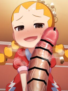 1boy 1girl bar_censor blonde_hair blush braid brown_eyes censored erection hands_on_another's_head hetero highres imminent_fellatio imminent_irrumatio large_penis large_variant_set loli mega_man_(series) mega_man_battle_network_(series) mizumizuni penis penis_awe precum solo_focus sweat tears twin_braids variant_set veins veiny_penis visible_air yai_ayanokoji_(mega_man)