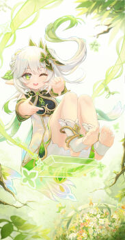 1girl absurdres aranara_(genshin_impact) bare_shoulders bloomers bracelet bupa_chila chinese_commentary commentary_request cross-shaped_pupils detached_sleeves dress finger_frame floating_hair full_body genshin_impact gold_trim gradient_hair green_eyes green_hair hair_ornament highres jewelry leaf_hair_ornament long_hair looking_at_viewer multicolored_hair nahida_(genshin_impact) on_swing one_eye_closed open_mouth pointy_ears side_ponytail sitting sleeveless sleeveless_dress solo stirrup_legwear swing symbol-shaped_pupils teeth toeless_legwear toes underwear upper_teeth_only white_bloomers white_dress white_hair