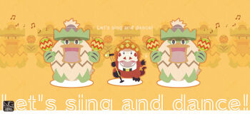 Rule 34 | animal focus, black eyes, blue eyes, commentary, crocalor, crocodile, crocodilian, english text, fangs, gen 3 pokemon, hat, holding, holding instrument, holding maracas, holding microphone stand, instrument, ludicolo, maracas, meme (sleepsheep), microphone stand, musical note, nintendo, no humans, open mouth, pokemon, pokemon (creature), pokemon focus, smile, sombrero, symbol-only commentary, tail, teeth