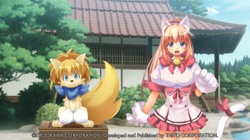 1girl 1other animal animal_ears animal_hands animal_nose architecture atelier-moo bell blue_eyes blue_scarf body_fur breasts brown_fur cat_ears cat_tail closed_mouth company_name copyright_notice day dog dog_ears dog_tail east_asian_architecture fang furry game_cg gloves hair_between_eyes high_ponytail house large_breasts large_variant_set long_hair looking_at_viewer melody_sinclair neck_bell non-web_source official_art open_mouth outdoors paw_gloves pink_hair ponytail ribbon rock_garden scarf short_sleeves sky tail tail_ornament tail_ribbon teddy_(yuukyuu_gensoukyoku) tree variant_set white_gloves wide_ponytail yuukyuu_gensoukyoku yuukyuu_gensoukyoku_revival