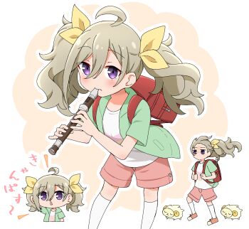 1girl ahoge backpack bag blush closed_mouth commentary_request floating_hair flute green_jacket hair_between_eyes hair_ribbon hibi_wa_sugiredo_meshi_umashi higa_tsutsuji highres holding holding_flute holding_instrument instrument jacket kyoufuu_all_back_(vocaloid) multiple_views music open_clothes open_jacket pink_shorts playing_instrument purple_eyes recorder red_bag ribbon sheep shirt shorts thighhighs translation_request twintails white_shirt white_thighhighs yellow_ribbon yuuyrx