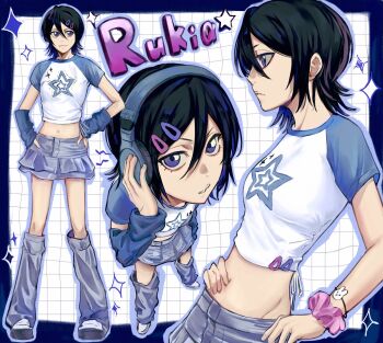 1girl alternate_costume black_hair bleach blue_arm_warmers blue_leg_warmers blue_shirt blue_skirt character_name commentary contemporary cropped_shirt from_side full_body hair_between_eyes hair_ornament hairclip hands_on_own_hips headphones highres kuchiki_rukia leg_warmers looking_at_viewer midriff multiple_views navel parted_lips pink_scrunchie profile purple_eyes raglan_sleeves scrunchie shirt shoes short_hair skirt smile sneakers two-tone_shirt uno_0a white_shirt white_shoes wrist_scrunchie