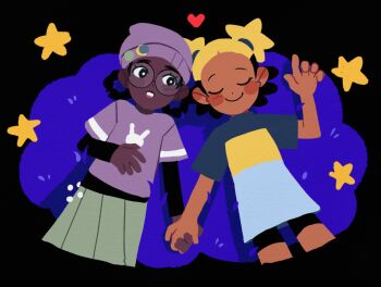 2girls aika_(kiana_mai) black_eyes blonde_hair blush_stickers closed_eyes commentary dark-skinned_female dark_skin hair_rings hat hat_ornament heart highres holding_hands i_don't_want_to_be_a_magical_girl multiple_girls purple_hat purple_shirt shirt short_hair short_sleeves short_twintails skirt star_(symbol) symbol-only_commentary t-shirt twintails yabuling zira_(kiana_mai)