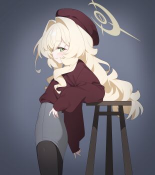 Rule 34 | 1girl, :3, absurdres, alternate costume, beret, black pantyhose, blonde hair, blue archive, blue background, blush, commentary, cowboy shot, elbow on table, elbow rest, fluffy hair, from side, green eyes, grey skirt, hair intakes, halo, hat, highres, honi (honi1010), long hair, looking at viewer, pantyhose, pencil skirt, professor niyaniya (blue archive), red hat, red shirt, shirt, simple background, skirt, sleeves past wrists, smile, solo, symbol-only commentary, yellow halo