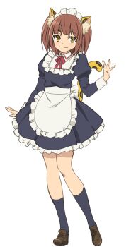1girl animal_ears animal_print anime_coloring apron brown_hair closed_mouth dress frilled_apron frills full_body isekai_maou_to_shoukan_shoujo_no_dorei_majutsu juliet_sleeves kaneko_shizue leopard_ears leopard_girl leopard_print leopard_tail loafers long_sleeves looking_at_viewer maid maid_apron maid_headdress mei_(isekai_maou) official_art open_hands puffy_long_sleeves puffy_sleeves ribbon shoes short_hair short_twintails simple_background smile solo standing tail transparent_background tsurime twintails waist_apron