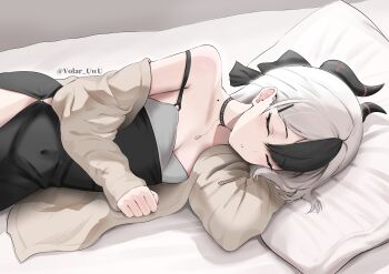 1girl absurdres black_bow black_choker black_dress black_hair blue_archive bow breasts brown_jacket choker cleavage closed_eyes collarbone commentary demon_girl demon_horns dress english_commentary grey_hair hair_bow half_updo highres horns jacket kayoko_(blue_archive) kayoko_(dress)_(blue_archive) lying mole mole_on_collarbone multicolored_hair official_alternate_costume official_alternate_hairstyle on_side open_clothes open_jacket parted_lips side_slit single_bare_shoulder sleeping solo two-tone_hair volar_uwu