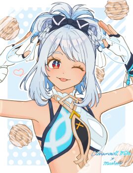 1girl ;) ;p alternate_hairstyle arms_up bare_shoulders black_bow blue_hair bow breasts cinnamon_roll dark-skinned_female dark_skin fingerless_gloves genshin_impact gloves hair_bow highres kurose_ina looking_at_viewer midriff mualani_(genshin_impact) one_eye_closed red_eyes short_hair small_breasts smile solo tongue tongue_out upper_body white_gloves