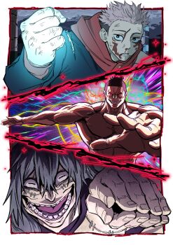 3boys bara battle black_flash_(jujutsu_kaisen) black_hair blood clenched_hand creepy_eyes evil_smile expressionless glowing glowing_eyes grin highres horizontal_pupils itadori_yuuji jujutsu_kaisen large_pectorals mahito_(jujutsu_kaisen) male_focus multiple_boys muscular muscular_male nairda-gs nosebleed outstretched_arm palms_together pectorals scar scar_across_eye scar_on_face short_hair sideburns smile split_screen topless_male toudou_aoi_(jujutsu_kaisen) undercut