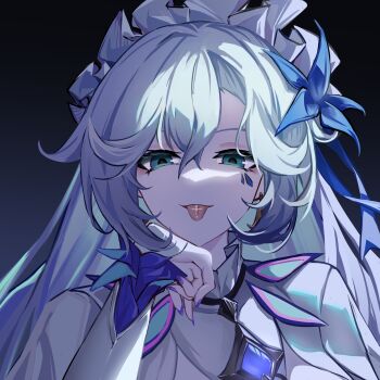 1girl :p absurdres asymmetrical_bangs black_background blue_flower body_markings cantarella_(wuthering_waves) character_request check_character earrings facial_mark flower glowing_markings gradient_background green_eyes hair_between_eyes hair_flower hair_ornament head_rest highres jewelry looking_at_viewer maid_headdress nail_polish panluo purple_nails simple_background solo straight-on tacet_mark_(wuthering_waves) tongue tongue_out upper_body white_hair wuthering_waves