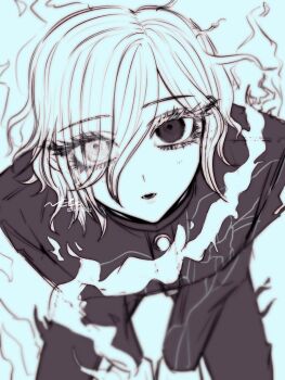 Rule 34 | 1boy, commentary, dn0lt, eyelashes, eyes visible through hair, fire, from above, gakuran, greyscale, hair over one eye, heterochromia, highres, jacket, looking at viewer, male focus, monochrome, parted lips, school uniform, shion (hundred line), short hair, solo, the hundred line -last defense academy-