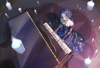 1girl arm_cutout black_arm_warmers black_veil blue_dress blue_eyes blue_eyeshadow blue_fire blue_flower blue_nails blue_rose bone bridal_veil bride candle carpet closed_mouth clothing_cutout collarbone commentary_request dress dress_flower eyeshadow fire floral_print flower from_above full_body grand_piano grey_flower grey_rose hair_over_one_eye happy hat hat_flower highres indoors infinity_nikki instrument kohanai_setsuna lace_arm_warmers lipstick long_dress long_hair looking_at_object makeup mascara music nail_polish nameless_selfless_(infinity_nikki) nikki_(series) off-shoulder_dress off_shoulder on_stool piano playing_instrument playing_piano pointy_nose print_arm_warmers purple_flower purple_lips purple_rose rose rose_print sad_smile short_sleeves sidelocks sitting solo veil wavy_hair wedding_dress white_hair