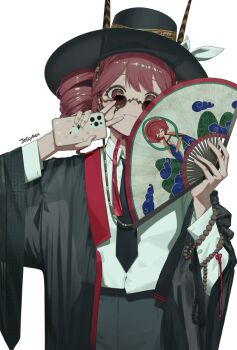 1girl alternate_costume artist_name black_jacket black_necktie cellphone closed_mouth collared_shirt commentary drill_hair english_commentary folding_fan glasses hand_fan highres holding holding_fan holding_phone jacket jellyrexart kasane_teto looking_at_viewer necktie open_clothes open_jacket phone red_eyes red_hair shirt simple_background smartphone solo utau white_background white_shirt
