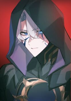 Rule 34 | 1boy, black bodysuit, black cape, blue eyes, bodysuit, broken skin, cape, closed mouth, commentary, crossed bangs, empty eyes, flame reaver of the deepest dark, gold trim, grey hair, hair between eyes, highres, honkai: star rail, honkai (series), hood, hooded cape, looking at viewer, male focus, official alternate costume, pale skin, papi sore, phainon (honkai: star rail), red background, short hair, simple background, solo, symbol-only commentary, upper body