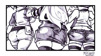 3girls ass ass_focus belt breasts butt_crack clothes_pull crop_top denim digimon digimon_(creature) digimon_frontier digimon_tamers digimon_universe:_appli_monsters jeans karan_eri large_breasts long_hair makino_ruki medium_breasts milkibar00 multiple_girls orimoto_izumi pants pantylines ponytail shorts sideboob skirt skirt_pull sweat thighhighs twintails wide_hips zettai_ryouiki