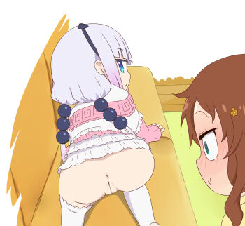 2girls absurdres alechon all_fours anus ass blue_eyes blush brown_hair cleft_of_venus couch dress from_behind green_eyes green_hair hair_bobbles hair_ornament highres kanna_kamui kobayashi-san_chi_no_maidragon loli long_hair looking_back microdress multiple_girls no_panties on_couch open_mouth purple_hair pussy saikawa_riko thighhighs twintails uncensored white_thighhighs yuri