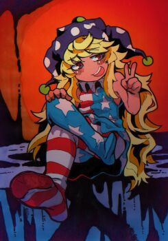 1girl :d absurdres american_flag_dress american_flag_legwear blonde_hair blush clownpiece crossed_legs dot_nose dress full_body hand_on_own_knee hat highres inuyama_konan jester_cap long_hair neck_ruff open_mouth purple_hat red_eyes sidelocks sitting sleeveless sleeveless_dress smile solo touhou v very_long_hair