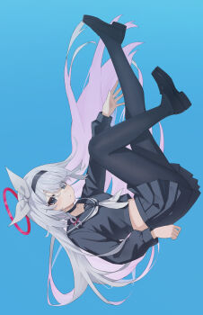 1girl absurdres black_hairband black_pantyhose black_sailor_collar black_serafuku black_shirt black_shoes black_skirt blue_archive blue_background blush bow braid closed_mouth colored_inner_hair commentary eyes_visible_through_hair falling floating_hair from_side full_body grey_eyes grey_hair hair_between_eyes hair_bow hairband halo highres light_frown loafers long_hair long_sleeves looking_at_viewer midriff miniskirt mismatched_pupils multicolored_hair neckerchief pantyhose pink_hair pink_pupils plana_(blue_archive) pleated_skirt red_halo sailor_collar school_uniform serafuku shirt shoes simple_background single_braid skirt solo thighs two-tone_hair upside-down user_wyfu3872 very_long_hair white_bow white_neckerchief