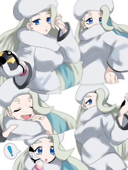 ! 1girl blue_eyes breasts closed_eyes commentary_request dynamax_band earrings fur_collar fur_hat gloves half-closed_eyes hat highres holding holding_poke_ball jewelry large_breasts long_hair long_sleeves mature_female melony_(pokemon) multicolored_hair multiple_expressions multiple_views nintendo open_mouth pearl_earrings poke_ball pokemon pokemon_swsh ring single_glove smile snow_glacier901 solo spoken_exclamation_mark streaked_hair sweater teeth ultra_ball upper_teeth_only ushanka wedding_ring white_hat white_sweater