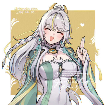 Rule 34 | 1girl, blonde hair, blush, braid, breasts, chinese clothes, commentary request, crescent, crescent hair ornament, dress, earrings, fur-trimmed collar, fur trim, genshin impact, gomashio ponz, hair ornament, head tilt, high ponytail, jewelry, long hair, long sleeves, multicolored hair, ponytail, scene reference, single hair streak, smile, solo, streaked hair, white dress, white hair, zibai (genshin impact)