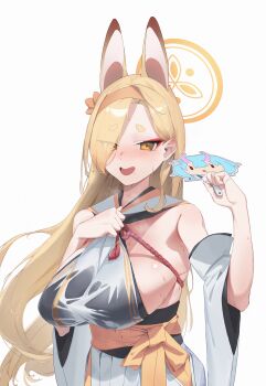 Rule 34 | 1girl, animal ears, armpits, blonde hair, blue archive, blush, breasts, chise (blue archive), commentary request, detached sleeves, extra ears, eyeshadow, fox ears, hair over one eye, hairband, halo, hand fan, highres, holding, holding fan, japanese clothes, kaho (blue archive), kimono, large breasts, long hair, looking at viewer, makeup, mole, mole under mouth, open mouth, orange hairband, orange halo, pink eyeshadow, rikuhito juusan, see-through clothes, short eyebrows, sideboob, sideless kimono, sleeveless, sleeveless kimono, smile, solo, sweat, thick eyebrows, wet, wet clothes, white background, white kimono, wide sleeves, yellow eyes