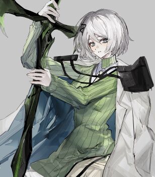 Rule 34 | 1girl, absurdres, arknights, blue eyes, bochishiraita, coat, coat on shoulders, collared shirt, command:meltdown (e.g.o), dress, dress over shirt, faust (project moon), green dress, grey background, highres, holding, holding weapon, limbus company, looking at viewer, necktie, project moon, shirt, simple background, solo, sweater, sweater dress, upper body, weapon, white coat, white hair, white shirt, yellow necktie