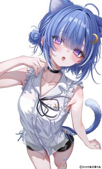 1girl :o ahoge animal_ears arm_up bandaid bandaid_on_leg black_choker black_shorts blue_hair cat_ears cat_girl cat_tail choker collarbone collared_shirt commentary_request crescent crescent_hair_ornament frilled_shirt frills from_above hair_intakes hair_ornament highres indie_virtual_youtuber kurageu_roa light_blush looking_at_viewer looking_up medium_hair open_collar open_mouth purple_eyes sa-ya2 shirt shorts sleeveless sleeveless_shirt solo standing tail virtual_youtuber white_background white_shirt