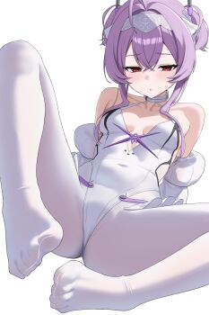 1girl ahoge arm_support blush collar collarbone commentary_request covered_navel detached_sleeves feet goddess_of_victory:_nikke hair_between_eyes hair_intakes hairband half-closed_eyes headgear highres leotard liberalio_(nikke) looking_at_viewer pantyhose parted_lips purple_hair red_eyes short_hair_with_long_locks sitting solo sweat twintails white_background white_collar white_leotard white_pantyhose white_sleeves xi_oshir1