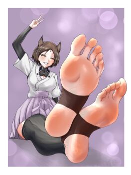 1girl animal_ears black_thighhighs blush breasts brown_hair closed_eyes dog_ears feet grin highres inuitakumi49 kuroda_kunika miniskirt noble_witches purple_background purple_skirt short_hair simple_background skirt smile soles solo stirrup_footwear thighhighs v world_witches_series