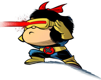 1girl attack belt black_hair blue_bodysuit bodysuit bow cosplay cyclops_(x-men) cyclops_(x-men)_(cosplay) emi_utrera energy_beam full_body gloves hair_bow mafalda mafalda_(series) marvel short_hair standing visor_(armor) white_background x-men yellow_gloves