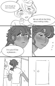 2girls bedroom blush dark-skinned_female dark_skin door english_text flying_sweatdrops gundam gundam_suisei_no_majo highres holding_hands imminent_penetration implied_sex milfcookiesimp miorine_rembran monochrome multiple_girls sequential speech_bubble suletta_mercury sweat yuri