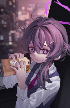 Rule 34 | 1girl, absurdres, black vest, blue archive, blurry, blurry background, closed mouth, collared shirt, crumbs, double-parted bangs, eating, food, hair between eyes, hair ornament, hairclip, halo, haruka (blue archive), haruka (suit) (blue archive), highres, holding, holding food, holding sandwich, jeongdang geolae, long sleeves, looking at viewer, necktie, ponytail, purple eyes, purple hair, purple halo, purple necktie, sandwich, shirt, solo, sweat, upper body, vest, white shirt