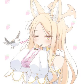 1girl animal animal_ear_fluff animal_ears animal_on_head animal_on_shoulder bare_shoulders bird bird_on_head bird_on_shoulder blonde_hair blue_archive blush bow commentary cross_halo detached_sleeves dress drinking_straw drinking_straw_in_mouth extra_ears eyelashes food_print forehead fox_ears fox_girl fruit_print halo hands_up heart highres kaorun_(momiji_hourensou) light_smile long_hair looking_at_viewer multicolored_eyes on_head one_eye_closed parted_bangs pink_eyes seia_(blue_archive) sidelocks simple_background sleeve_bow sleeveless sleeveless_dress sleeves_past_fingers sleeves_past_wrists solo straight_hair strawberry_print tsurime two-tone_eyes upper_body very_long_hair white_background white_bird white_dress wide_sleeves yellow_bow yellow_eyes yellow_halo
