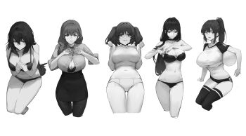 5girls absurdres arm_support ball black_choker bra breasts buruma button_gap choker cleavage closed_mouth collared_shirt crop_top curvy dokshuri female_focus from_above from_below greyscale grin hair_between_eyes hair_over_shoulder high-waist_skirt high_ponytail highres holding holding_ball large_breasts long_hair miniskirt monochrome multiple_girls navel open_mouth original panties ponytail shirt short_shorts shorts sidelocks sitting skirt sleeves_rolled_up smile strapless strapless_bra thighhighs thighs twintails underboob underwear volleyball_(object)