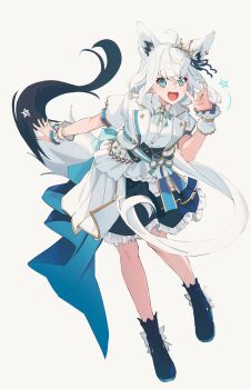 Rule 34 | 1girl, :d, absurdres, ahoge, animal ear fluff, animal ear piercing, animal ears, ankle boots, aqua bow, aqua eyes, aqua sash, back bow, blue boots, blue corset, blue skirt, boots, bow, braid, collared shirt, colored shoe soles, corset, crossed bangs, extra ears, fox ears, fox girl, fox shadow puppet, fox tail, frilled skirt, frills, full body, gold trim, hair ribbon, hand up, high heel boots, high heels, highres, hololive, hololive idol uniform (bright), idol, idol clothes, jacket, lapels, large bow, layered skirt, leaning forward, long hair, looking at viewer, low ponytail, miniskirt, nagishiro mito, notched lapels, official alternate costume, open clothes, open jacket, open mouth, overskirt, pentagram, ponytail, puffy short sleeves, puffy sleeves, ribbon, sash, shirakami fubuki, shirt, short sleeves, side braid, sidelocks, simple background, skirt, smile, solo, tail, teeth, tiara, underbust, upper teeth only, very long hair, virtual youtuber, white background, white hair, white jacket, white shirt, white skirt, white wrist cuffs, wing collar, winged boots, wrist cuffs