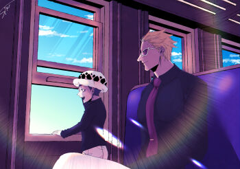 2boys aki_1x0 black_hair blonde_hair commentary_request donquixote_doflamingo hat highres lens_flare multiple_boys necktie one_piece red-tinted_eyewear red_necktie tinted_eyewear trafalgar_law train_interior white_hat