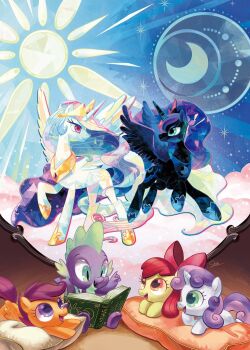 1boy animal_focus apple_bloom book bow brass_stars chibikemo cloud commentary_request cover cover_page crescent_moon cutie_mark cutie_mark_crusaders dragon_boy furry furry_male green_eyes hair_bow highres moon my_little_pony my_little_pony:_friendship_is_magic my_little_pony_(idw) official_art open_mouth orange_eyes pegasus pillow pink_hair pony_(animal) princess_celestia princess_luna purple_eyes purple_hair reading red_hair scootaloo siblings sisters sky spike_(my_little_pony) sun sweetie_belle unicorn winged_unicorn