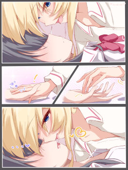 Rule 34 | 2girls, absurdres, after kiss, black hair, blonde hair, blue eyes, blush, bow, bowtie, closed mouth, commentary request, highres, holding hands, karabina, koto satsuki, multiple girls, open mouth, ouzuka mai, red bow, red bowtie, saliva, saliva trail, school uniform, smile, watashi ga koibito ni nareru wake naijan murimuri!, yuri