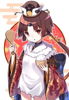 1girl arched_bangs beak beni-enma bird_hat bird_hat_ornament blush brown_hair brown_kimono closed_mouth expressionless fate/grand_order fate_(series) food hair_ornament hat highres holding holding_food japanese_clothes kimono long_sleeves looking_at_viewer low_ponytail multicolored_eyes multicolored_hair ohitsu parted_bangs ponytail red_eyes red_kimono shirt short_hair short_kimono simple_background solo standing thighs two-tone_hair white_background white_shirt wide_sleeves zoirun