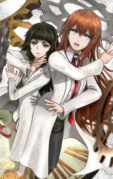 2girls asymmetrical_footwear black_shorts blunt_bangs breasts brown_hair coat collar collared_shirt crocs dress flat_chest gears green_collar green_dress green_eyes green_hair green_trim grey_jacket hair_between_eyes hiyajou_maho jacket jacket_over_dress kepekki_kanojo lab_coat lapels long_hair long_sleeves makise_kurisu messy_hair mismatched_footwear multiple_girls narrowed_eyes necktie notched_lapels open_mouth outstretched_crossed_arms pantyhose purple_eyes red_necktie ringed_eyes sandals science_adventure shirt short_shorts shorts small_breasts smile smug steins;gate steins;gate_0 thick_eyebrows tongue very_long_hair white_coat white_shirt