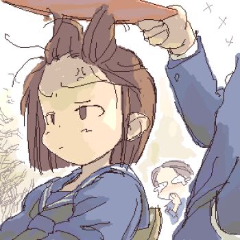 1girl anger_vein brown_eyes brown_hair lowres oekaki school_uniform serafuku short_hair solo_focus static static_cling