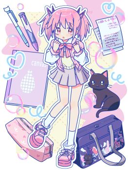 Rule 34 | 1girl, absurdres, alternate costume, animal, bag, bag charm, black cat, bow, bowtie, cat, charm (object), commentary request, full body, highres, kaname madoka, looking at viewer, mahou shoujo madoka magica, mahou shoujo madoka magica (anime), miniskirt, paper, pen, pink eyes, pink hair, pink shoes, pink vest, ruru (rurumagi), shoes, short twintails, shoulder bag, sketchbook, skirt, socks, solo, striped bow, striped bowtie, striped clothes, twintails, vest, white socks
