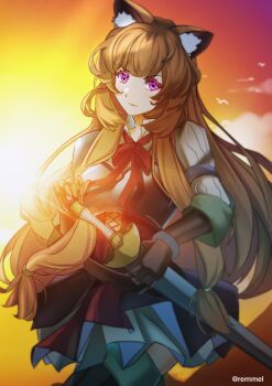 Rule 34 | 1girl, absurdres, animal ear fluff, animal ears, armor, artist name, belt, black dress, blunt bangs, boots, breastplate, breasts, brown belt, brown boots, brown gloves, brown hair, cloud, cloudy sky, collared dress, commentary, cowboy shot, dress, dusk, elbow gloves, english commentary, frown, gloves, grey armor, high collar, highres, holding, holding sheath, layered dress, long hair, long sleeves, looking at viewer, medium breasts, messy hair, metal arm cuffs, metal hair tubes, metal wrist cuffs, neck ribbon, no tail, orange sky, outdoors, pink eyes, pinstripe dress, pinstripe pattern, purple sky, raccoon ears, raccoon girl, raphtalia, red dress, red ribbon, red sky, remumeru, ribbon, scabbard, sheath, sheathed, short dress, sky, sleeveless, sleeveless dress, solo, sunset, sword, tate no yuusha no nariagari, thigh boots, thighhighs, twitter username, two-tone dress, v-shaped eyebrows, weapon, white dress, zettai ryouiki