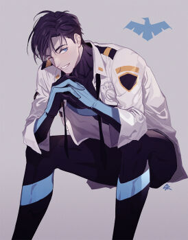 1boy armor_under_clothes black_hair blue_eyes bodysuit bodysuit_under_clothes dc_comics dick_grayson elbows_on_knees feet_out_of_frame highres interlocked_fingers legs_up loose_necktie male_focus multicolored_bodysuit necktie nightwing one_eye_closed open_clothes open_shirt police police_uniform policeman signature simple_background smile solo stariver00 two-tone_bodysuit