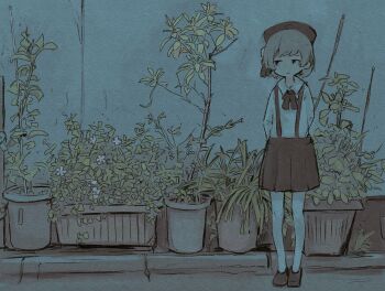 1girl arms_behind_back beret black_ribbon black_shoes black_skirt branch collared_shirt commentary flower full_body hair_ribbon hat hatoba_tsugu highres leaf light_brown_hair neck_ribbon pantyhose paper_texture parted_lips plant pleated_skirt potted_plant ribbon shirt shirt_tucked_in shoes short_hair sideways_glance skirt solo standing suspender_skirt suspenders trellis tsugu_(vtuber) virtual_youtuber white_flower white_pantyhose white_shirt yamaso